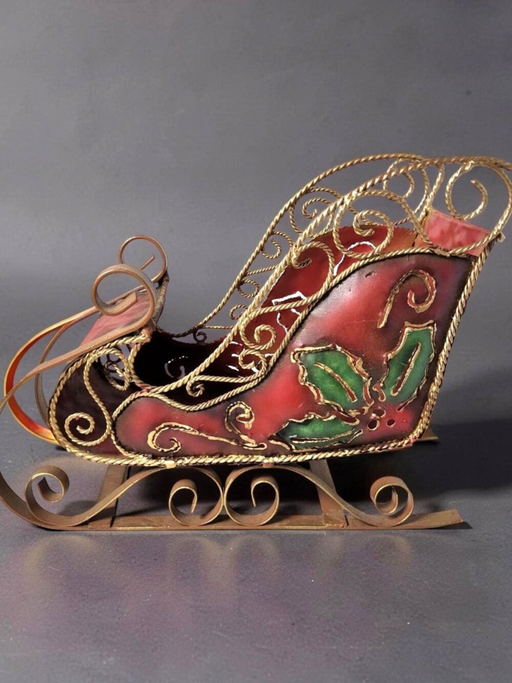 Vintage Scroll Iron Decorative Holly Holiday Brown,Green,Bronze,Gold Sleigh